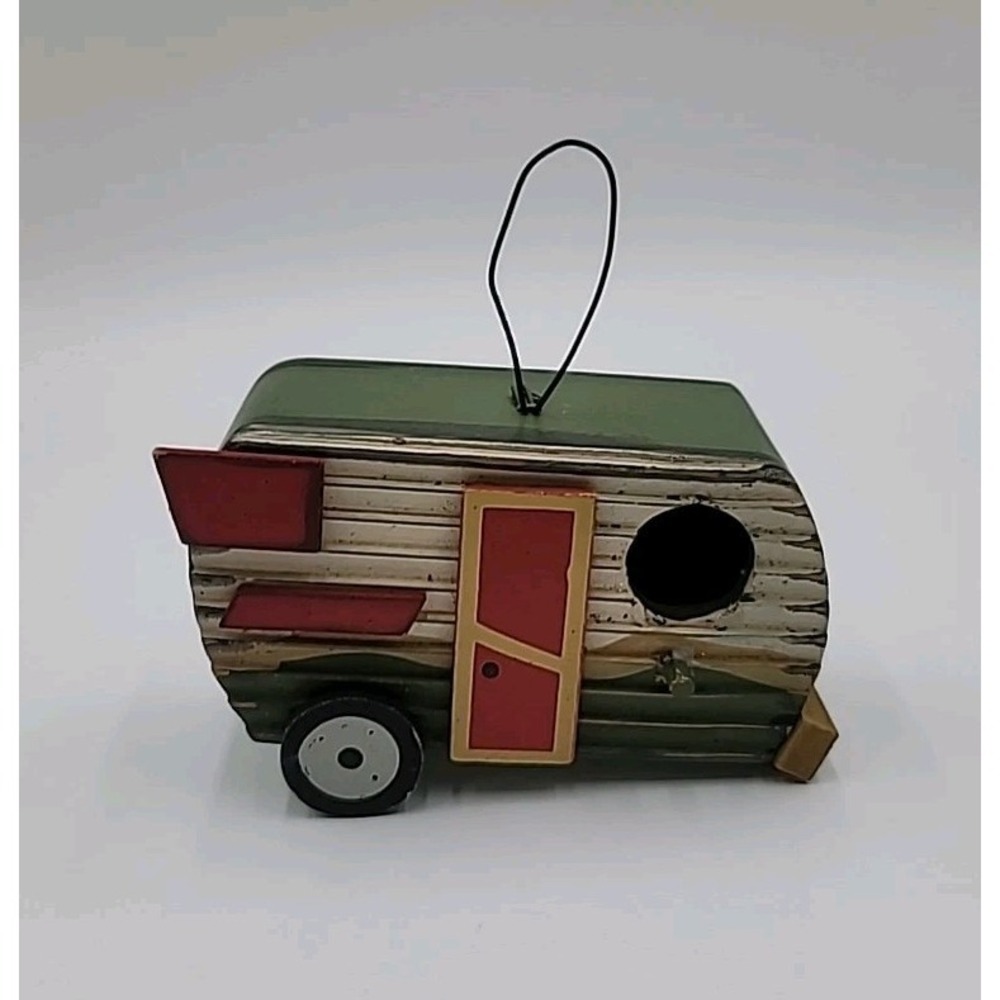 Retro Wooden Camper Birdhouse Hanging Wood RV Trailer Bird House Green Orange‎